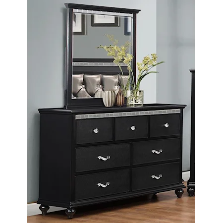 Transitional Dresser and Mirror Set with Crystal Inserts